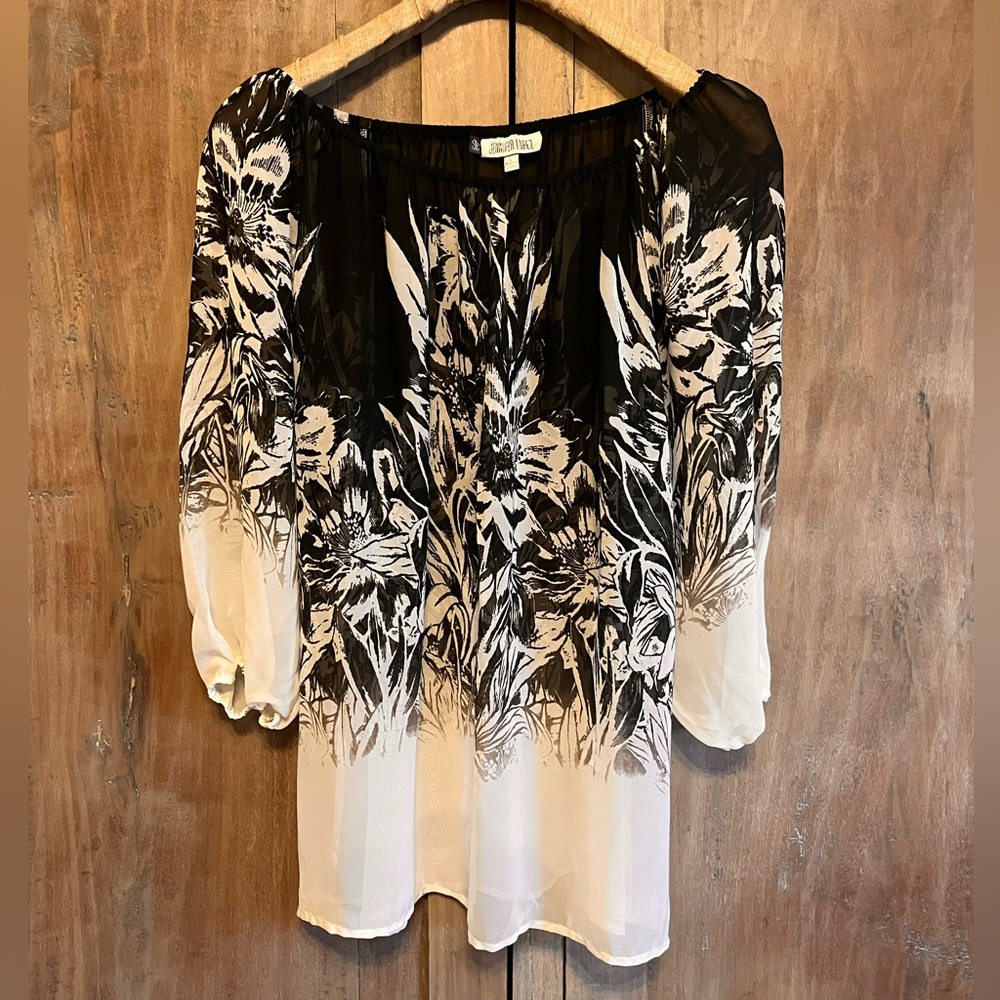 Jennifer Lopez Sheer Tunic Black/White/Gray Floral Size L